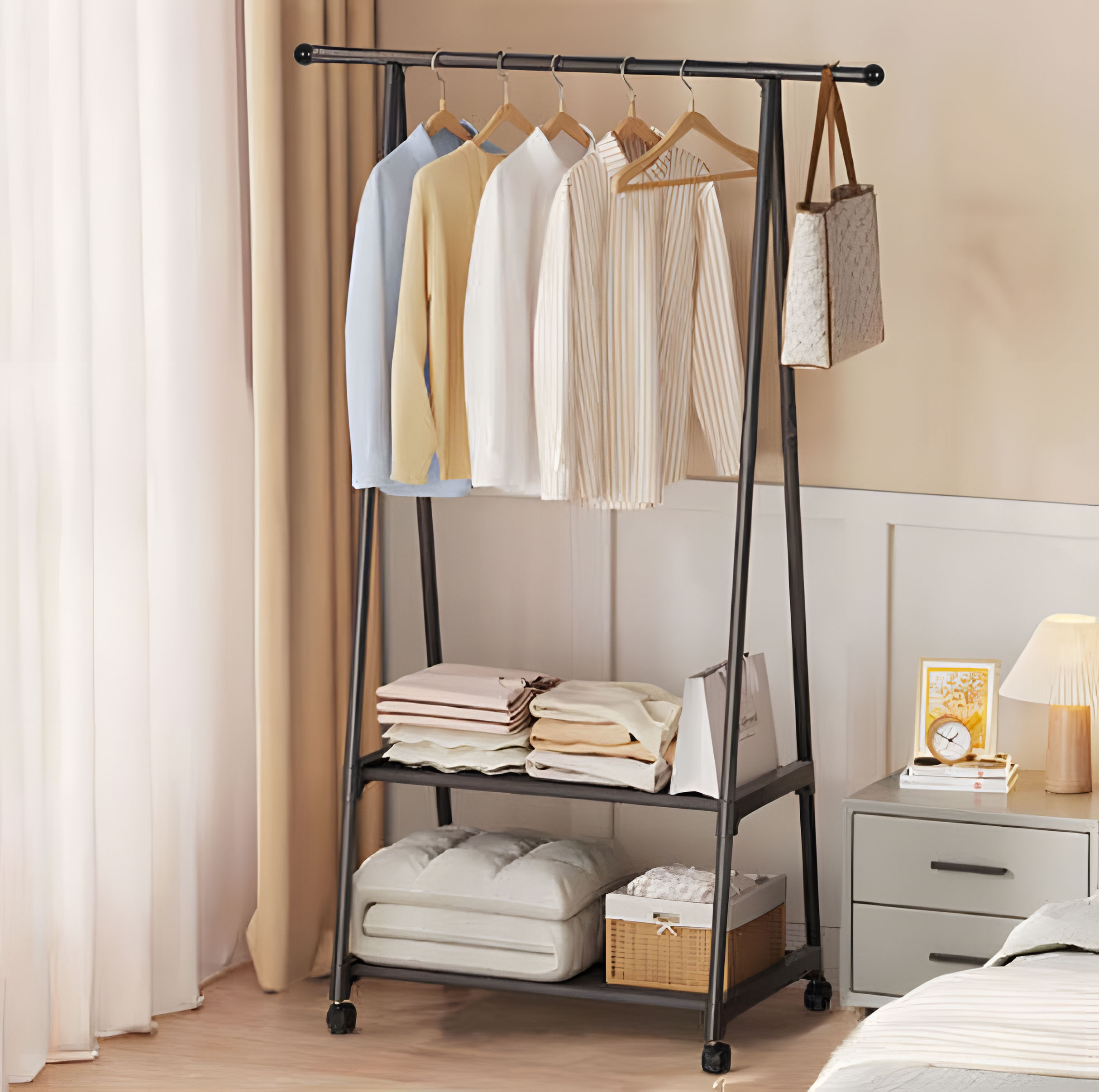 Wieszak stojący stojak na kółkach z 2 półkami na ubrania buty ModernHome - obrazek 5