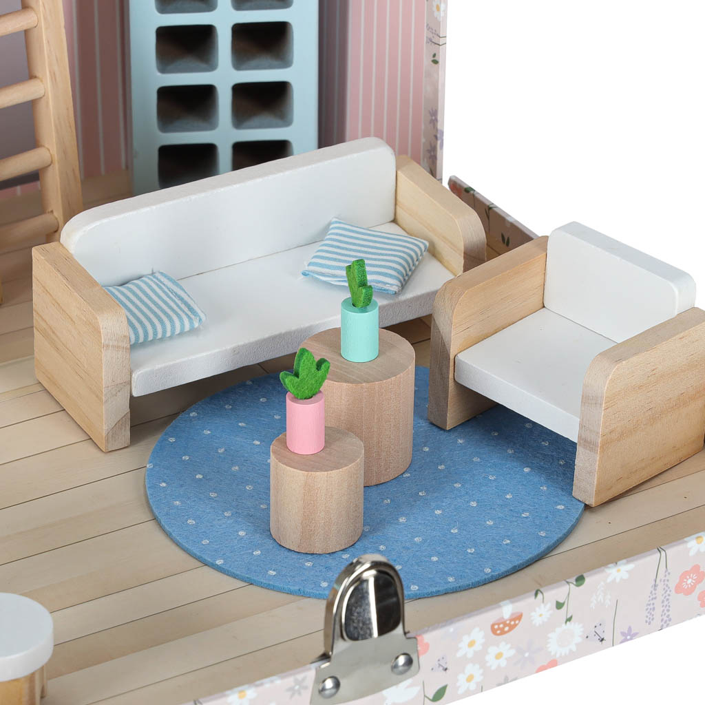 Domek dla lalek w walizce akcesoria drewniane mebelki - obrazek 6