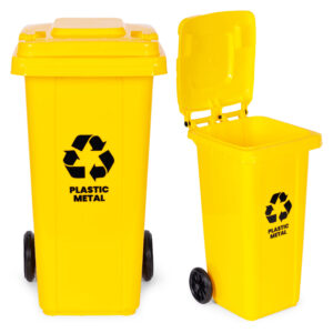 Kosz na smieci pojemnik 120L kubeł śmietnik żółty plastik gumowe koła