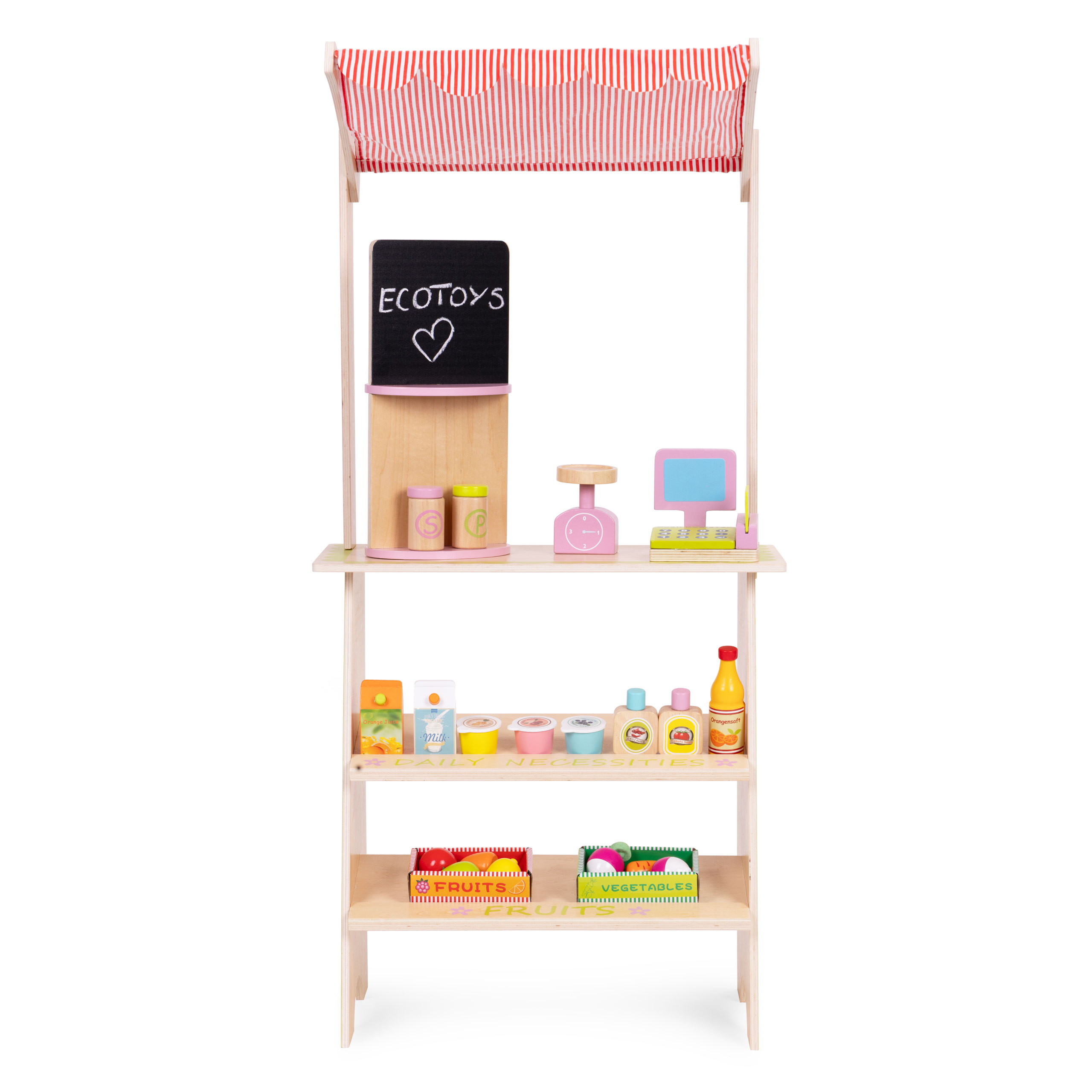 Duży drewniany stragan dla dzieci sklep z terminalem i wagą owoce warzywa 20 elementów ECOTOYS - obrazek 2