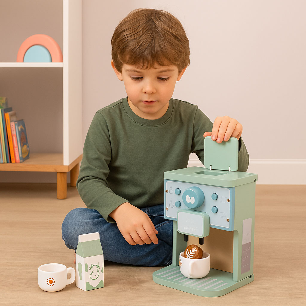Drewniany ekspres do kawy dla dzieci zestaw baristy 8 elementów ECOTOYS - obrazek 3