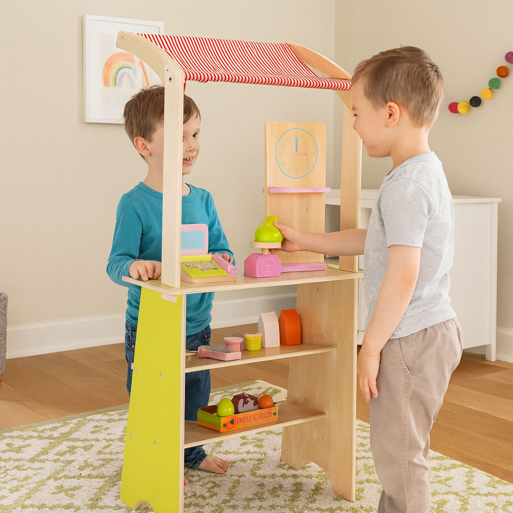 Duży drewniany stragan dla dzieci sklep z terminalem i wagą owoce warzywa 20 elementów ECOTOYS - obrazek 3