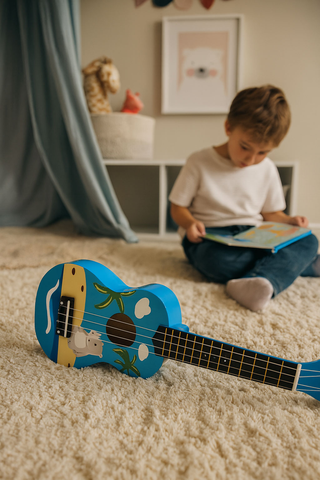 Gitara ukulele dla dzieci drewniana 4 struny nylonowe kostka do gry ECOTOYS - obrazek 4