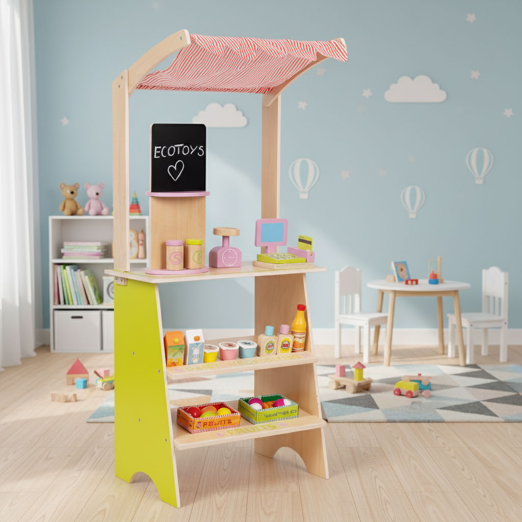 Duży drewniany stragan dla dzieci sklep z terminalem i wagą owoce warzywa 20 elementów ECOTOYS - obrazek 4