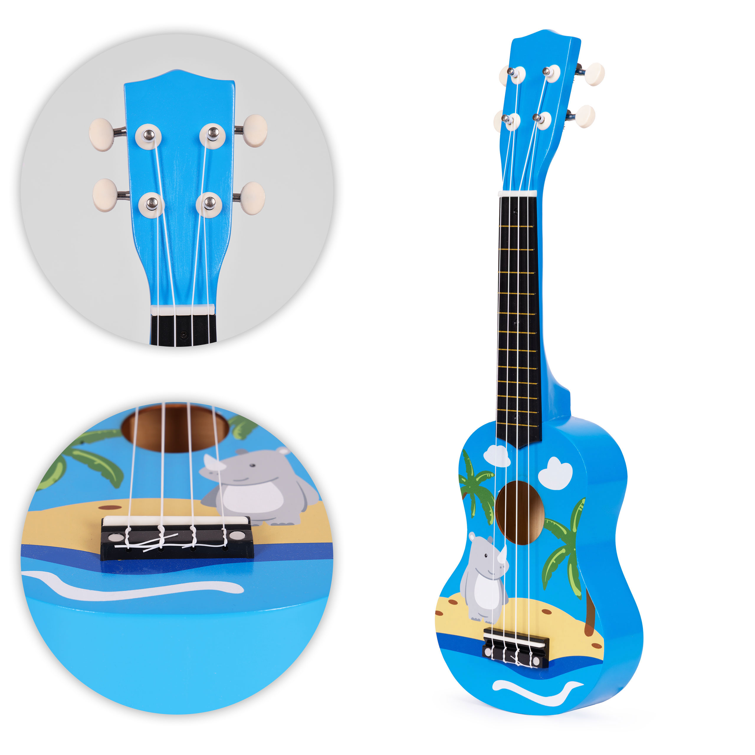 Gitara ukulele dla dzieci drewniana 4 struny nylonowe kostka do gry ECOTOYS - obrazek 8