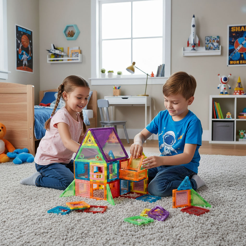 Klocki magnetyczne konstrukcyjne domek autko przyczepka 106 elementów - obrazek 9