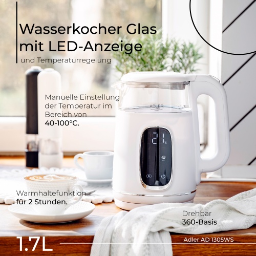 AD 1305 WS white silver Czajnik elektryczny szklany regulacją temperatury 1,7L | LED | 40-100°C | - obrazek 15