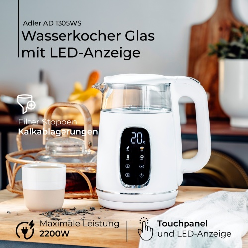 AD 1305 WS white silver Czajnik elektryczny szklany regulacją temperatury 1,7L | LED | 40-100°C | - obrazek 16