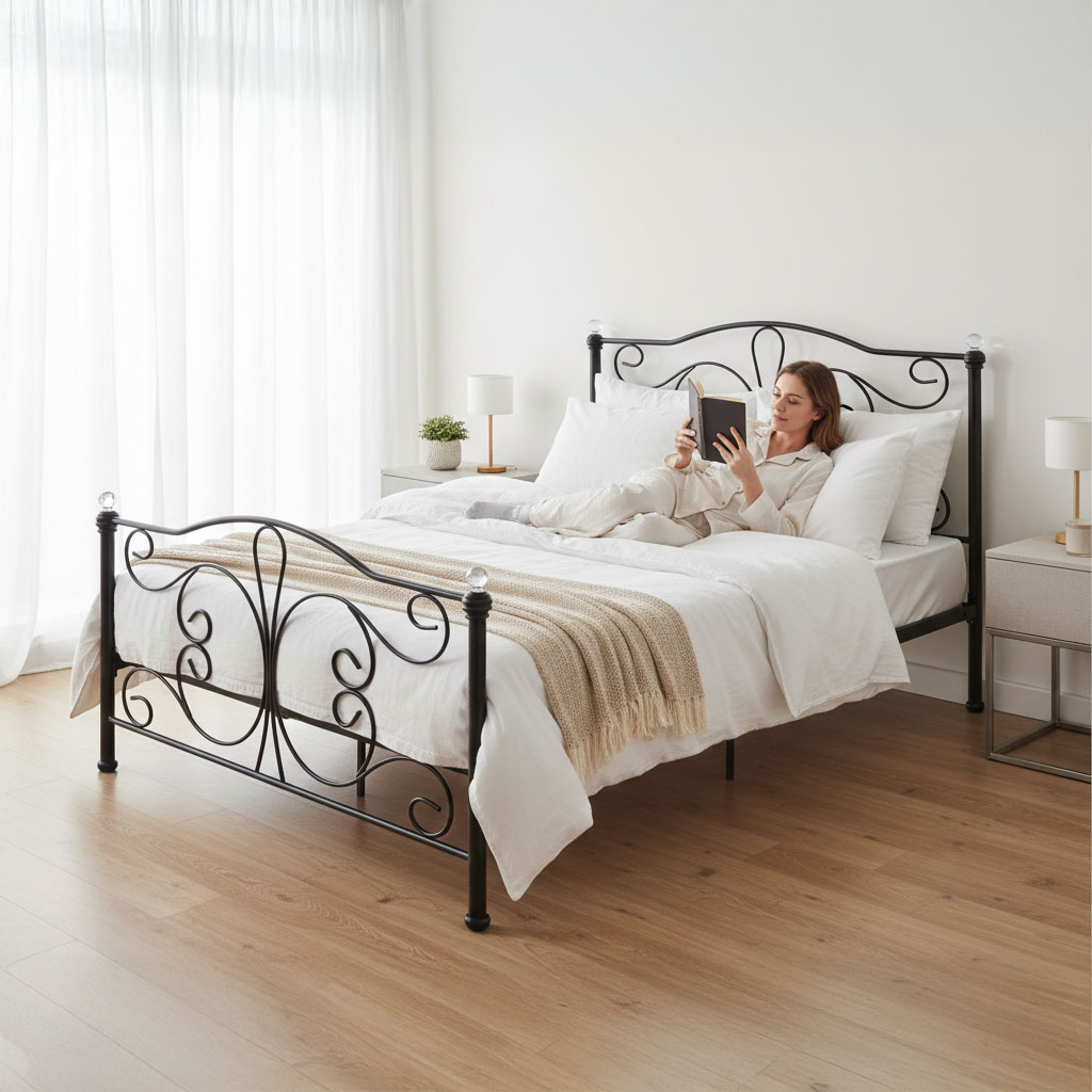 Łóżko metalowe 160x200 cm ze stelażem czarna rama kryształy ModernHome - obrazek 3